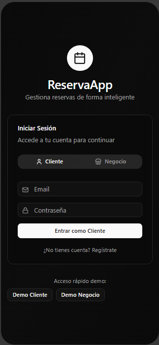 Pantalla demo ReservaApp